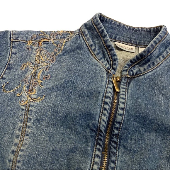 Vintage 90's Embroidered Beaded Blue Denim Jacket Size 1 Women's Chico's Boho - Picture 6 of 14